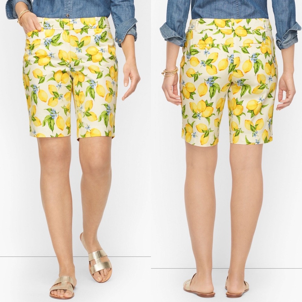 Talbots Womens Perfect Shorts 18 White Yellow Lemon Print  9" Bermuda Stretch